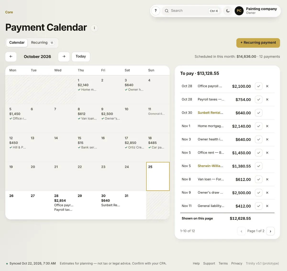 Trinity Payment Calendar screen with example data.