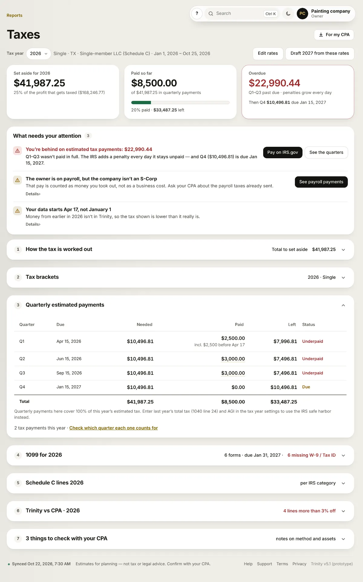 Trinity Taxes screen with example data.