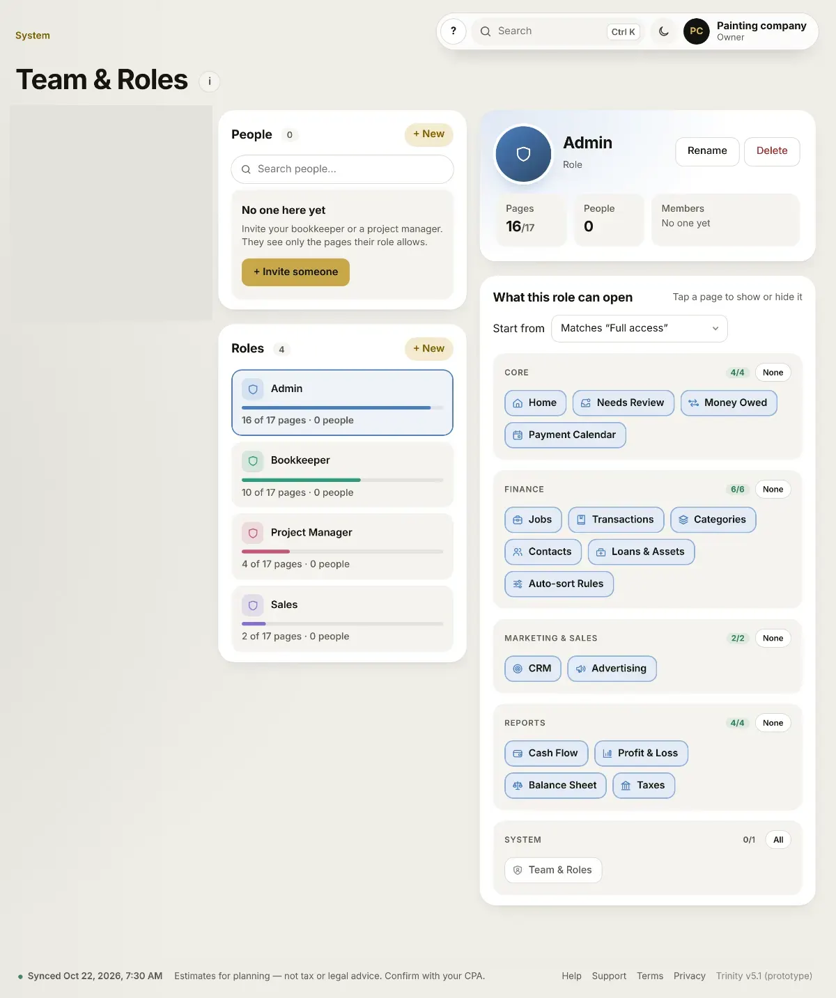 Trinity Team and Roles screen with example data.